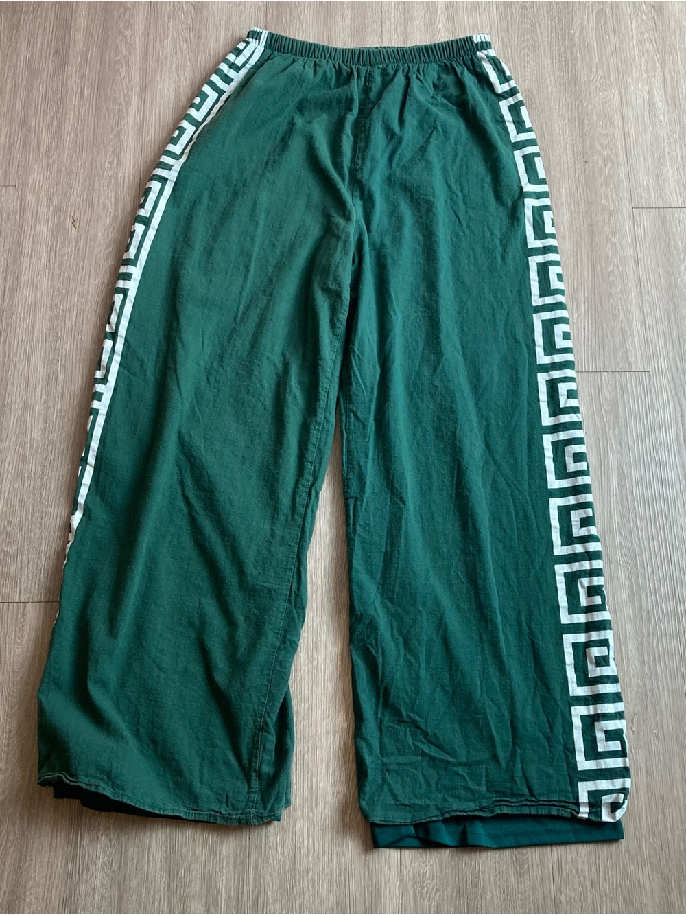 By Frankie Green white Greek patterned summer Lagenlook wide leg pants Size M